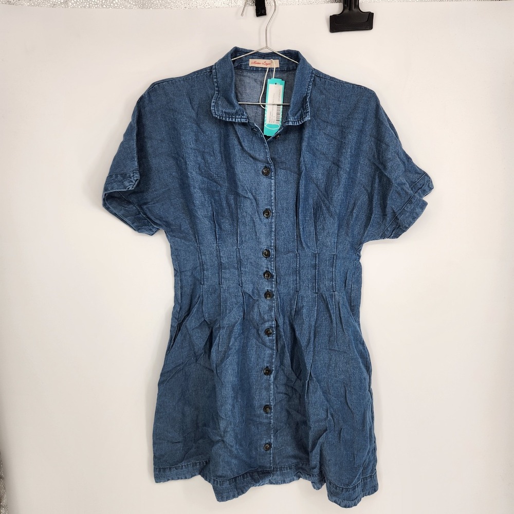 Marine Layer Blue Small Arden Mini Chambray Shirt Dress NWT Linen Blend